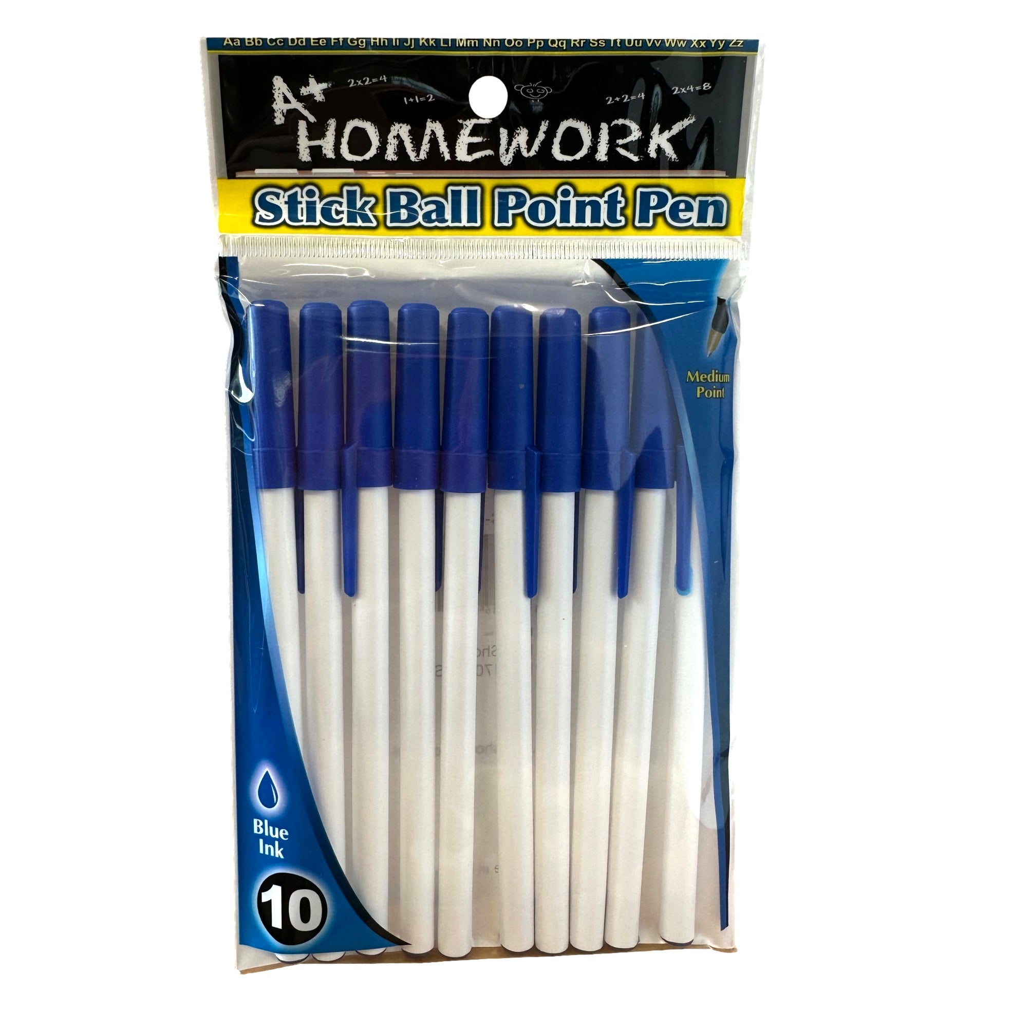 A package of ten blue ink ballpoint pens with white barrels, labeled "Homework" for school use.